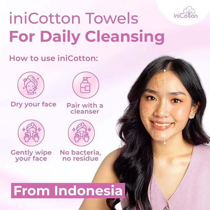 Face Towels, Indonesian Unscented Cotton Tissues for Sensitive Skin, Disposable Face Towelette, Ultra Soft, Clean Towels, Makeup Remover Dry Wipes, Travel Size, 1 Pack, 50 Count