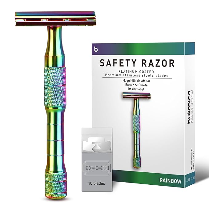 Rainbow Safety Razors for Men and Women, Single Blade Razor, Reusable Metal 1 Blade Razor, with 10 Stainless Steel Double Edge Blades, Smooth & Close Shave, Plastic Free, Sustainable
