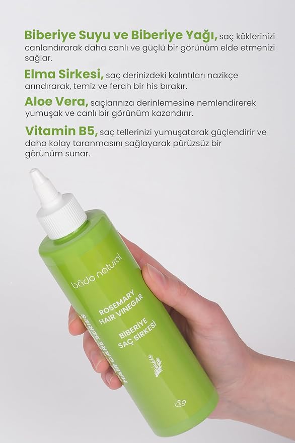 Bade Natural Rosemary Apple Cider Hair Rinse – Clarifying & Revitalizing Scalp Treatment with Aloe Vera, Vitamin B5 – Shine-Boosting Vinegar Hair Rinse for Dandruff & Residue Removal – 8.45 fl