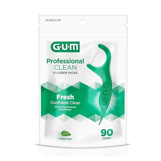 GUM Professional Clean Floss Picks - Extra Strong Shred-Resistant Floss, Easy Grip Handle - Dental Flossers for Adults - Fresh Mint Flavor, 90 Count (Pack of 2)