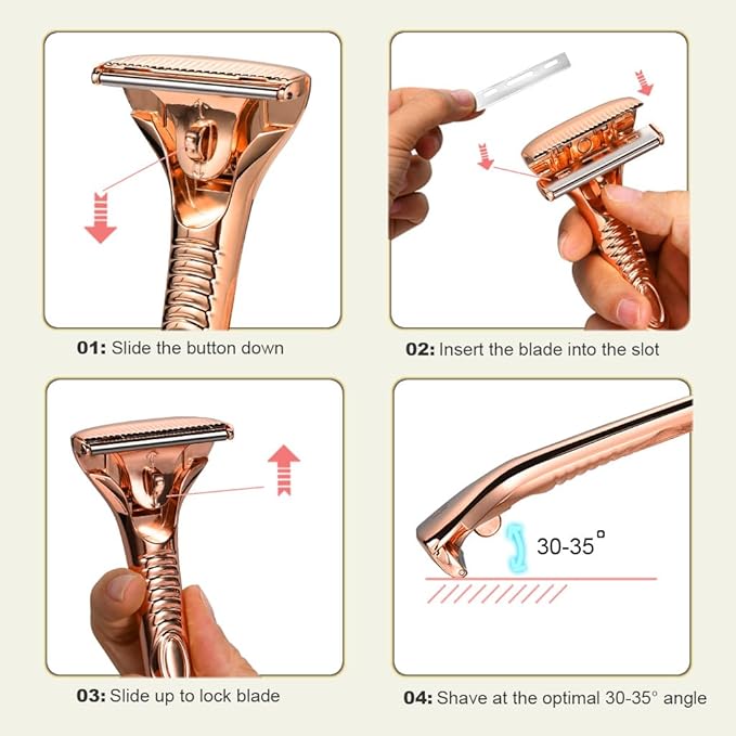 Single Blade Razors for Men and Women, Reusable Modular Safety Razor with Magnetic Head and Metal Non-Slip Grip, 10 Single Edge Razor Blades & Leather Case,Rose Gold Roller