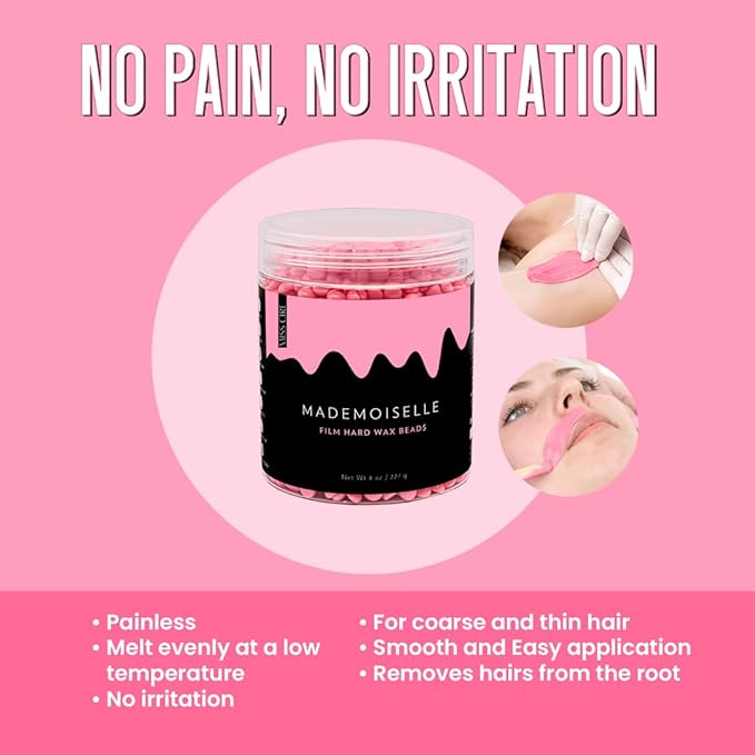 Miss Cire Pink Hard Wax Beads - Painless Hair Removal Peel-Off Wax - No Strips Needed - Low Melting Point - Creamy Texture - For Face and Body - Mademoiselle - For Sensitive Skin - 8oz