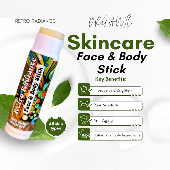 Retro Radiance Pure Skin Moisture Face and Body Stick,All Natural Organic Skincare,anti ageing,jojoba,coconut,coccoa butter,vegan,fragrance free,lips,tattoo,hands,heels,made in USA