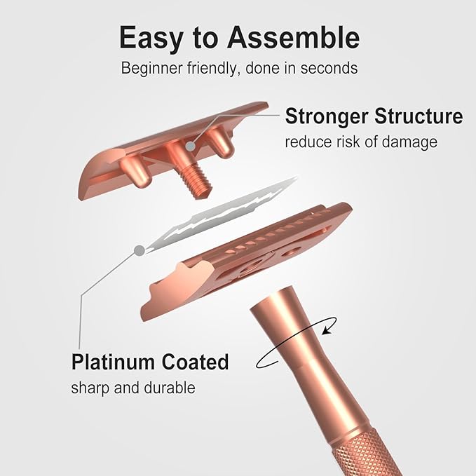 Safety Razor, Single Blade Razors for Women, Reusable Metal Razor, with 10 Double Edge Blades, Smooth Close Gentle Shave, Plastic Free, Rose Gold