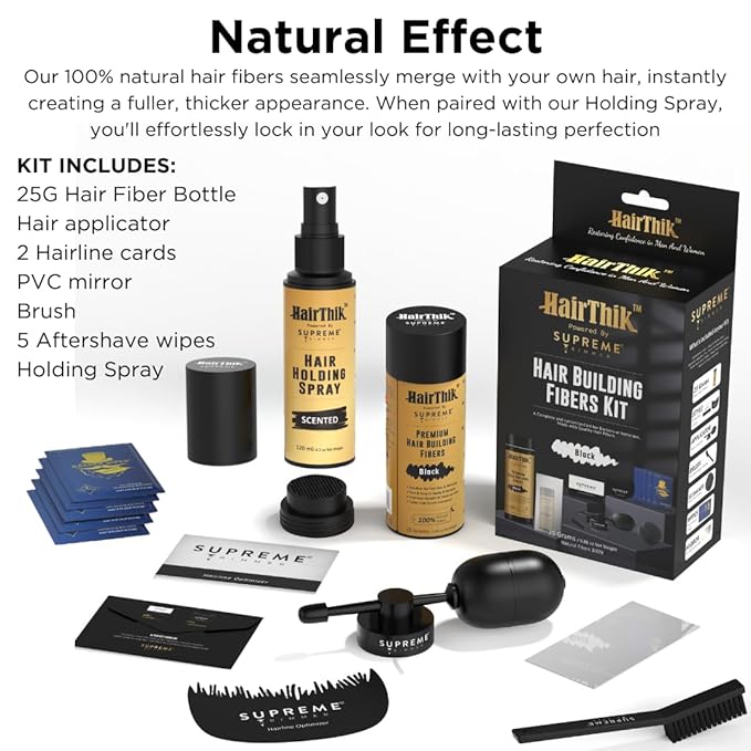 Supreme Trimmer Hair Fibers 9-in-1 Kit | 25G Keratin Fibers, Pump Nozzle, Hairline Cards, S&L Shaker, Brush, Wipes, Mirror, Hold Spray | Conceal/Thicken Thinning Hair in Men & Women | Black