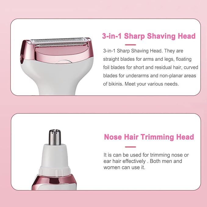 Electric Razor for Women,Hair Trimmer for Face Nose Eyebrow Beard Mustache Arm Leg Armpit Bikini,Painless Rechargeable Portable 4 in 1 Womens Body Shavers Set
