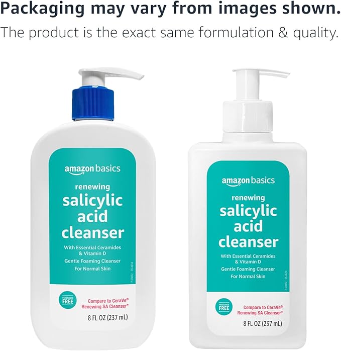 Amazon Basics Exfoliating Face Wash Cleanser, Renewing Salicylic Acid with Ceramides & Vitamin D, Foaming Formula, Smooths Skin, 8 fl oz