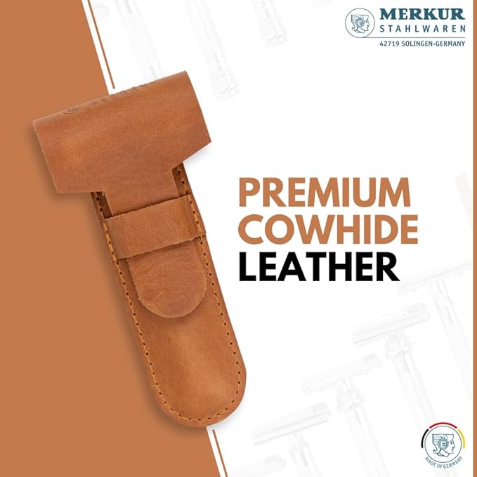 MERKUR Brown Leather Razor Case – Vegetable-Tanned Cowhide, Precision Fit for Safety Razors up to 110 mm, Protective Travel Cover, Made in Germany