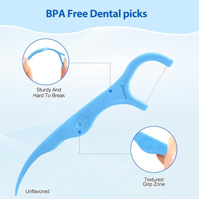 Floss Picks - 200 Count Wear Resistant Dental Floss Picks BPA Free Durable Dental Floss Ergonomic Design 2 in 1 Tooth Picks Flossers for Teeth Cleaning 2 Pack Light Blue