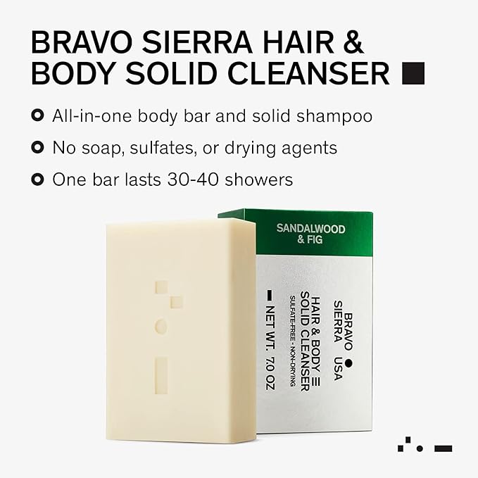 Bravo Sierra Body and Hair Mens Soap Bar, 2-Pack - All-In-One Shampoo & Soap for Face, Hair & Body - Sandalwood & Fig, 7 oz - Coconut, Shea Butter & Oat Flour for Soft Skin & Healthy Hair