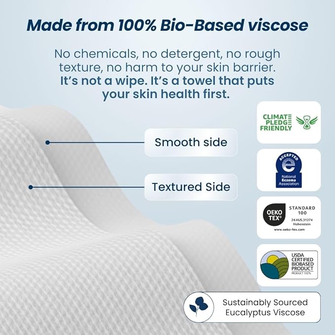 Clean Skin Club Clean Towels XL® Supreme, 100% USDA Biobased Face Towel, Disposable Face Towelette, Eczema Association Accepted, Thicker Textured Dry Wipes, Ultra Absorbent & Soft, 1 Pack, 50 Ct