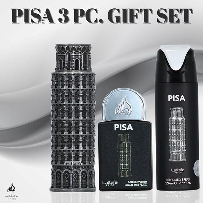 Lattafa Pride Pisa 3-Piece Gift Sets – Long Lasting Arabian Perfume For Men – Eau De Parfum & Perfumed Spray – Mediterranean Inspired Perfume Men With Citrus & Amber Notes - Premium Gift Box