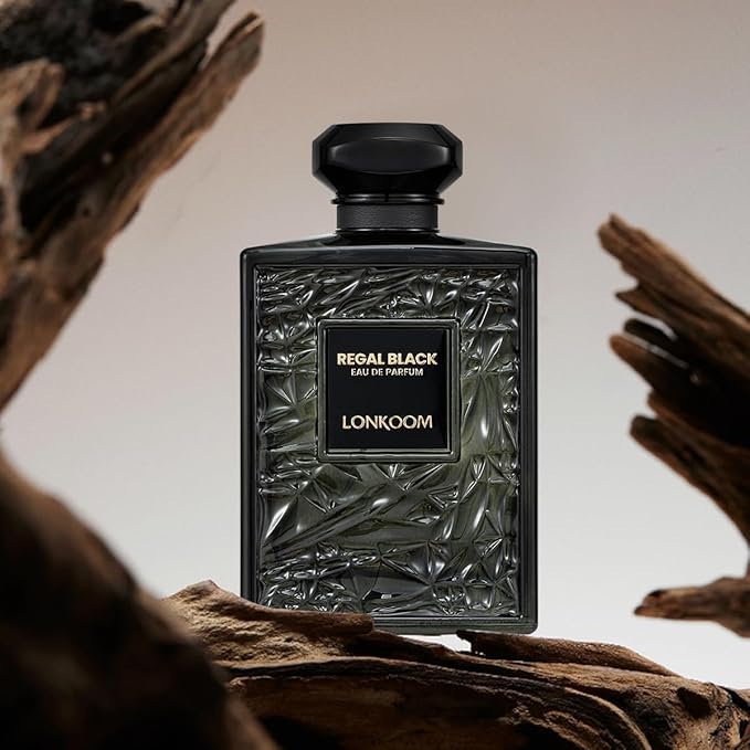LONKOOM Regal Black Perfume for Men, Woody Spicy Eau De Parfum Spray Long-Lasting Fragrance Cologne 3.4 Fl Oz/100ml, Notes of Frankincense Black Pepper Bergamot Vetiver Papyrus Sandalwood Rose Saffron