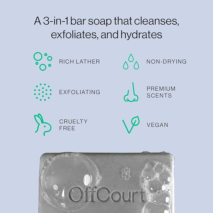 OffCourt Exfoliating Bar Soap – Whole Body, Deep Cleansing and Hydrating Soap for Men & Women - All Skin Types - Non-Drying Bar - Scent of Coconut Water + Sandalwood (5oz, 1 Pack)