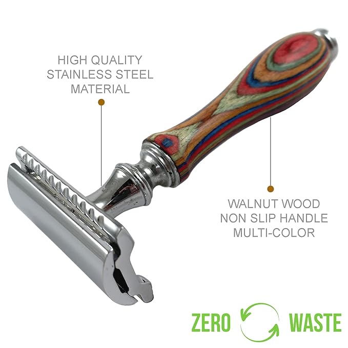 Long Wood Handle Safety Razor for Men Women - Double Edge Manual Razor - Fits All Double Edge Razor Blade - Comes With 5 Shaving Blades, Multi Color, 4.2 inch long