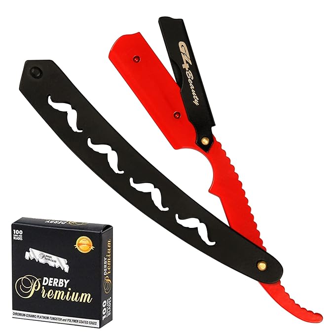 G4 Stainless Steel Straight Edge Barber Shaving Razor Blade for Close Shaving Men Replaceable Blades (Black Red)