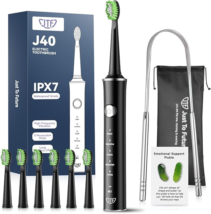 JTF Sonic Electric Toothbrush for Adults: 6 Brush Heads, Travel Bag, Tongue Scraper, 5 Brushing Modes for Teeth, Smart Timer and IPX7 Waterproof, Rechargeable Toothbrush for Deep Cleaning & Whitening