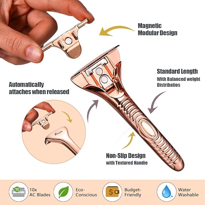 Single Blade Razors for Men and Women, Reusable Modular Safety Razor with Magnetic Head and Metal Non-Slip Grip, 10 Single Edge Razor Blades & Leather Case,Rose Gold Whiskers