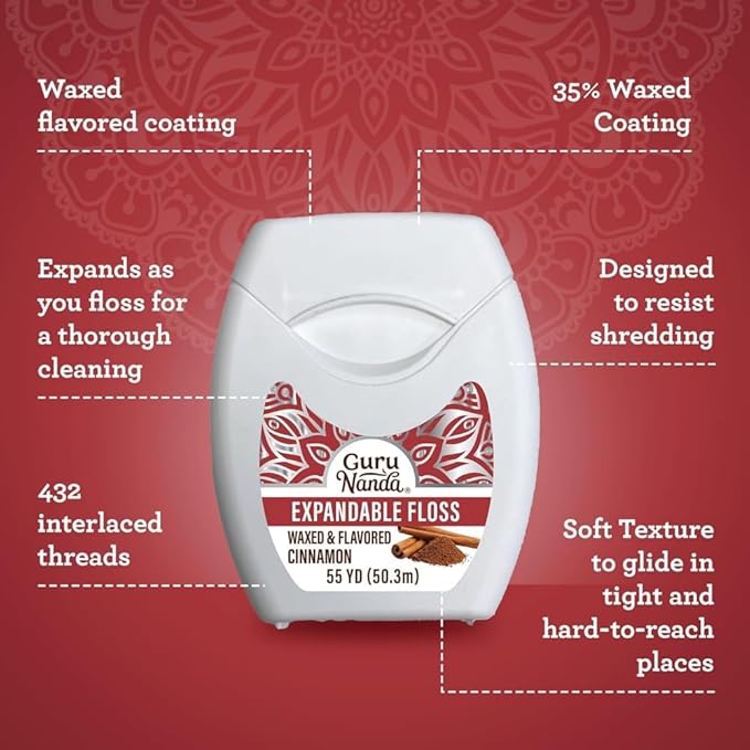 GuruNanda Dental Floss, Cinnamon, Pack of 3, Waxed | 55 Yards | Expandable | Gentle Cleaning | For Wide Teeth