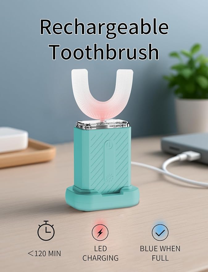 U-Shaped Electric Toothbrush, Food-Grade Silicone, IPX7 Waterproof, Magnetic Contact Charging