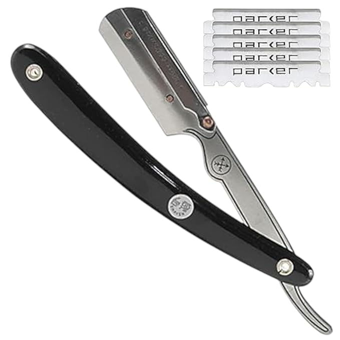 Parker SRB Straight Edge Barber Razor – Stainless Steel Blade Arm & Resin Handle – Uses Half Double Edge Razor Blades – Includes 5 Pre-Cut Blades – Professional Shaving Tool