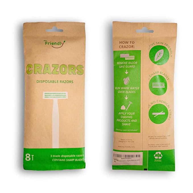 Hair Removal Crazors 3 Blades – Disposable Razors for Men/Women's Grooming – Single-Use Body & Face Shaver – Raw-Material Earth+Skin Loving Travel-Size Toiletries – 8-Pack by MyFriendly