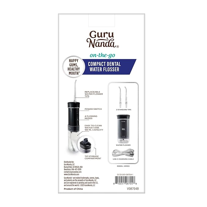 GuruNanda Compact Water Dental Flosser, Portable Travel Size Oral Irrigator Flosser with Collapsible 180 ml Tank, Smart Timer, 4 Flossing Modes, TSA-Friendly - Black