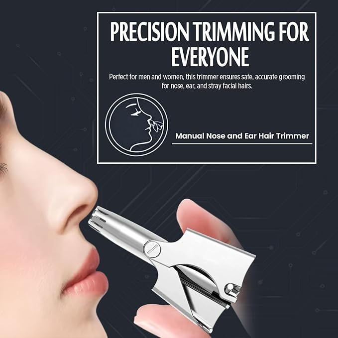 Stainless Steel Hair Trimmer for Men and Women | Manual Nose and Ear Hair Trimmer | Nose Clippers, 360° Rotating Hair Trimmers | Washable Nose Hair Remover | Silver