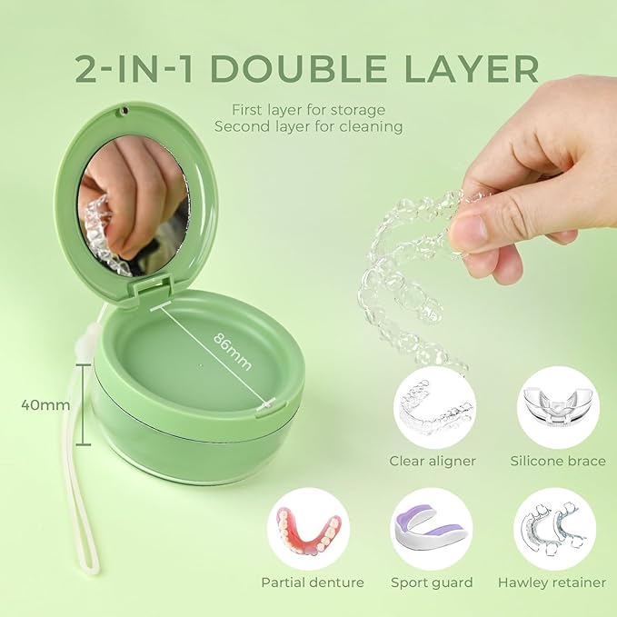 2-in-1 Retainer Cleaner Case with Mirror & Strainer, Portable Aligner Bath Soaking Cup for Travel, Cute Orthodontic Storage Box for Mouth Guard, Night Guard & False Teeth, Green