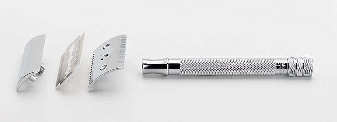 MERKUR 25C Double Edge Safety Razor in Bright Chrome with an Open Comb Design, Long Handle, Made in Germany, Plastic-Free, Three-Piece Design, and Straight Bar