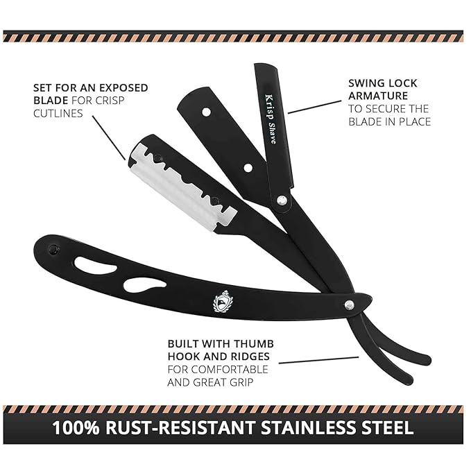 Professional Straight Razors For Men, Barber Razors, Straight Edge Razor Kit For Close Shaving - Beard Cut Throat Straight Razor Safety Shavette - 10 Shaving Blades By Krisp Beauty (Black)