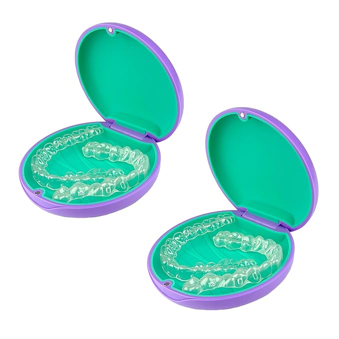 2PCS Retainer Case Compatible with Invisalign,Cute Slim Aligner Case,Customized Magnetic Closure Orthodontic Retainer Cases (2 Pack Purple + Green Silicone)