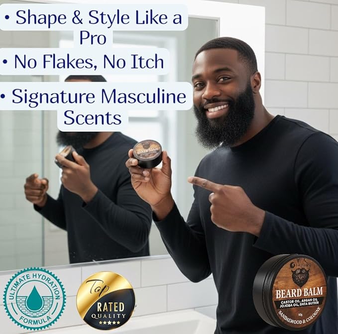 Beard Balm for Men, Cologne and Sandalwood Scent, natural growth Moustache Wax with Argan, Jojoba, Castor Oil, 50g