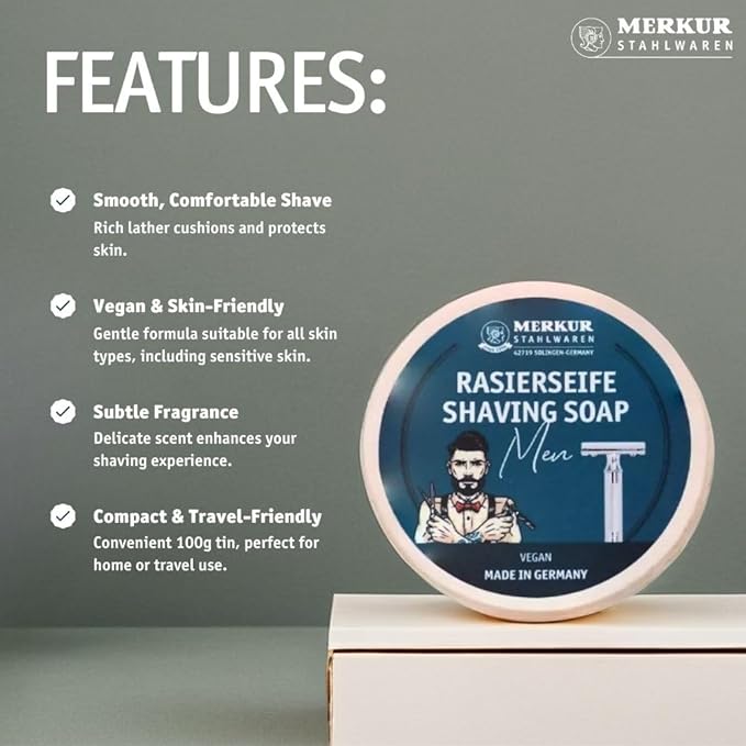 MERKUR Shaving Soap for Men | Vegan Shaving Soap | Smooth Shave | Lightly Fragranced | Perfect Lather | Moisturizing Hydrating & Gentle for All Skin Types - 100 Grams