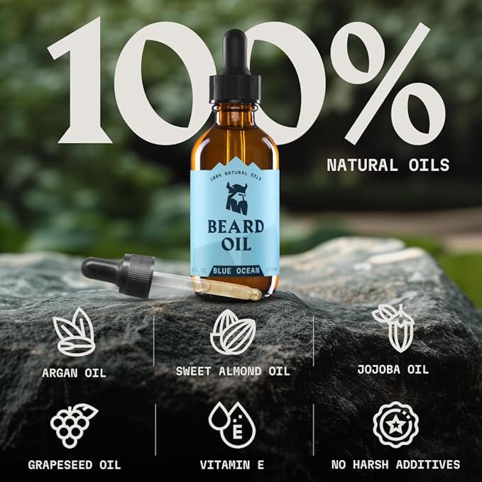 Striking Viking Beard Oil for Men (2 Fl Oz (Pack of 1), Blue Ocean) Naturally Derived Conditioner with Almond, Tea Tree, Argan & Jojoba Oil for Beard Growth, Softening & Moisturizing