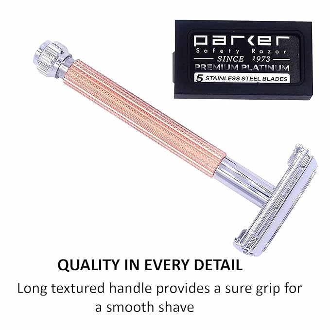 Parker 29L Rose Gold, Long Handle Butterfly Open Double Edge Safety Razor for Men & Women, 5 Parker Premium Platinum Double Edge Razor Blades Included