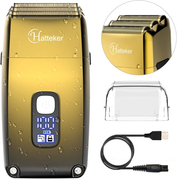 Hatteker Foil Head Shaver Triple Blades Electric Shaver Razor for Men Close Bald Head Barber Trimmer Waterproof Wet & Dry, Cordless, Gold