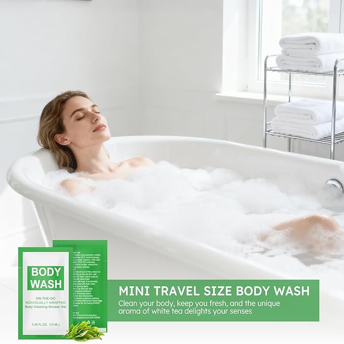 Travel Size Body Wash Packet Bulk Pack of 50,Individually Wrapped 0.35 fl oz(10 ml) Disposable Small Mini Bath Shower Gel Toiletries Supplies for Hotel,Guests,Homeless,Charity,Gym