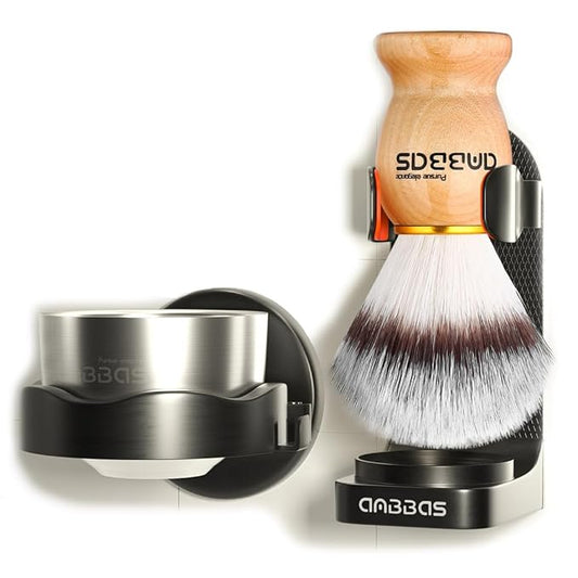 Anbbas 4IN1 Shaving Brush Set,Nylon Bristles Wood Handle and Stainless Steel Soap Bowl,ABS Wall Mounted Shaving Holders for Brush and Bowl for Men Wet Shave