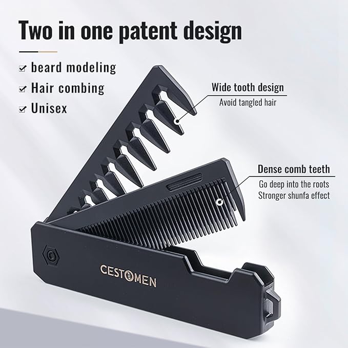 Protable Folding Pocket Comb for Men, 2 in 1 Hair Comb - Fine Tooth Comb, Styling for Everyday Grooming & Combing Hair, Beards and Mustaches (Black)