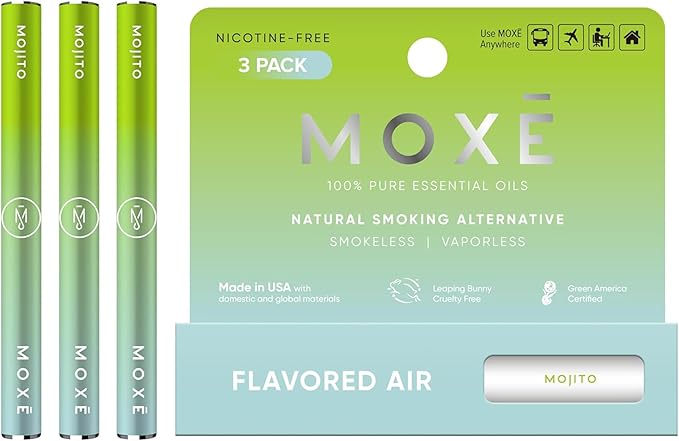 MOXE Natural Mojito Air Inhaler | Non Electric Long-Lasting Flavored Air Refreshing Support | Oral Fixation Peppermint, Lime, Bergamot & Menthol Essential Oils, Craving Relief - 3 Pack