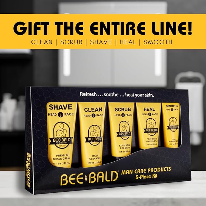Bee Bald Premium Gift Set for Bald Men, Gift to Combine with Head Shavers for Bald Men Gift - Includes Bald Head After Shave, Moisturizer, Shaving Cream, Exfoliator, and Cleanser (5 Piece Kit)
