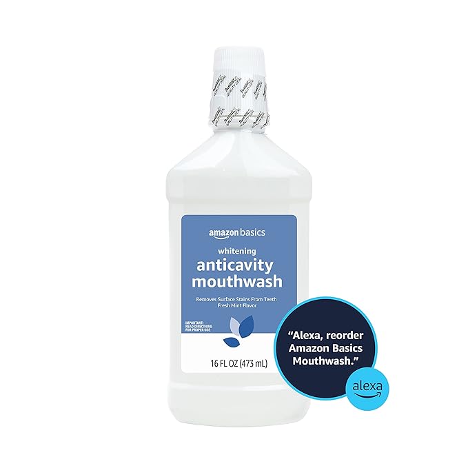 Amazon Basics Whitening Anticavity Mouthwash, Fresh Mint Flavor, Whitens Teeth, Prevents Cavities, 16 Fluid Ounces, 1-Pack (Previously Solimo)