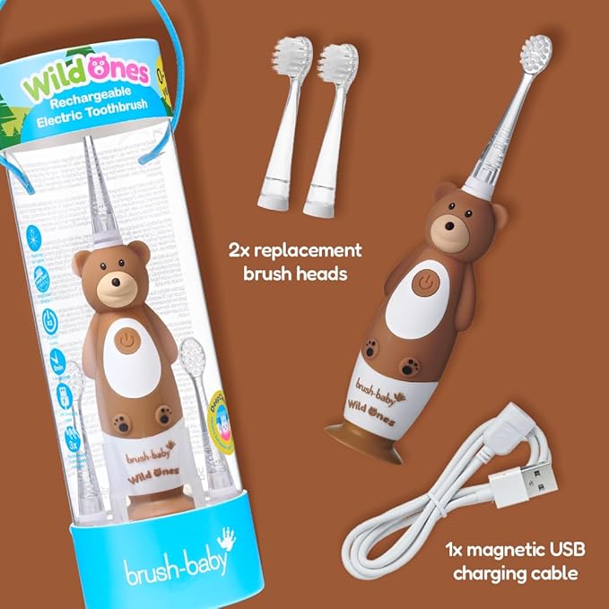 BrushBaby - WildOnes - Kids Rechargeable Electric Toothbrush, Ages 0-10 - Bear Design with Flashing Lights - DeepClean Bristles for Superior Cleaning - 2 Replacement Brush Heads, 1 USB Cable