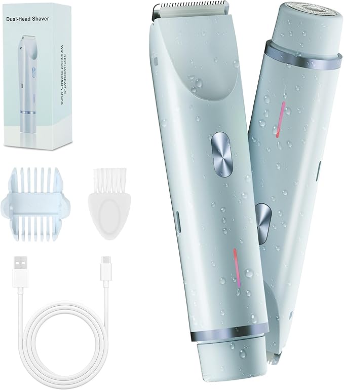 2-in-1 Bikini Trimmer for Women, Bikini Shaver with Dual Heads, Body and Facial Hair Removal, Rechargeable Cordless Electric Razors for Face Chin Pubic Underarm Legs, IPX7 Waterproof, Blue