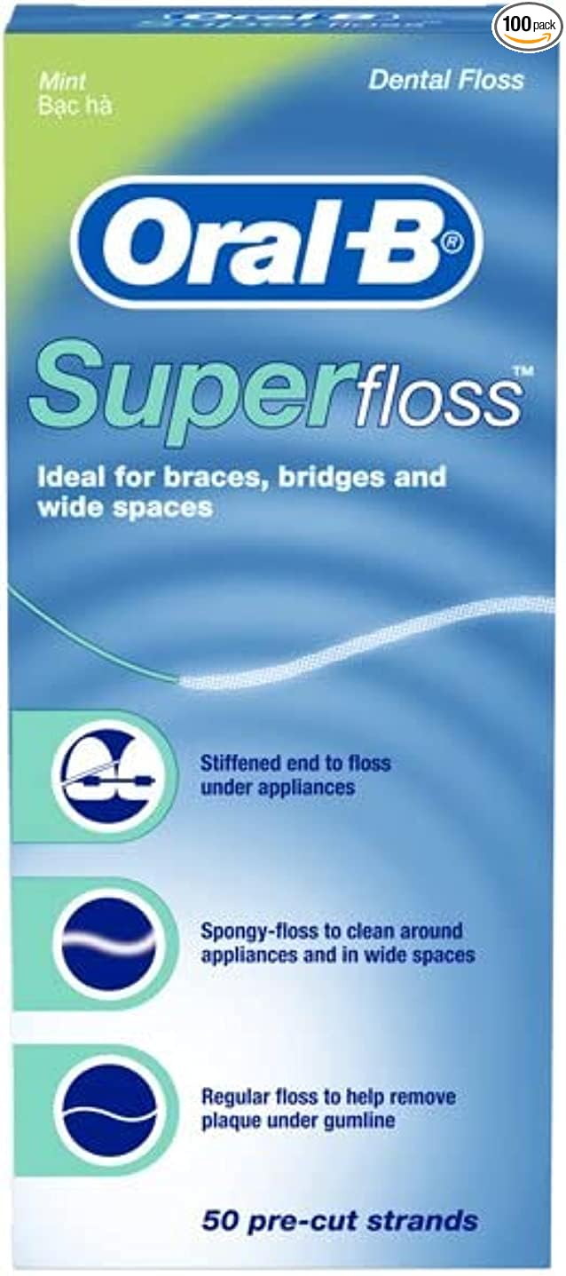 Oral-B Super Floss Mint Dental Floss for Braces Bridges - 50 Strips (2-Pack)
