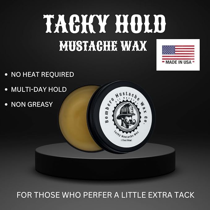 Mustache Wax Tacky hold - Bombero Mustache Wax Co. - Tacky Application, medium/strong hold, restyleable - Most Advanced All Natural Formula Holds up to Hard Work and Exercise - 1OZ tin (Mint)