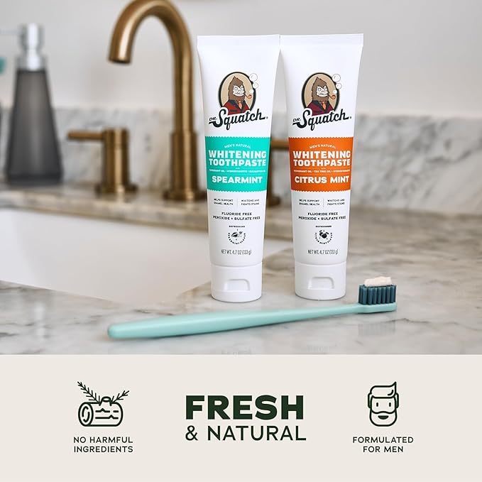 Dr. Squatch Hydroxyapatite Whitening Toothpaste - Natural, Fluoride-Free - Enamel Support - Day & Night Set - Citrus Mint & Spearmint, (4.7 oz, 2-Pack)