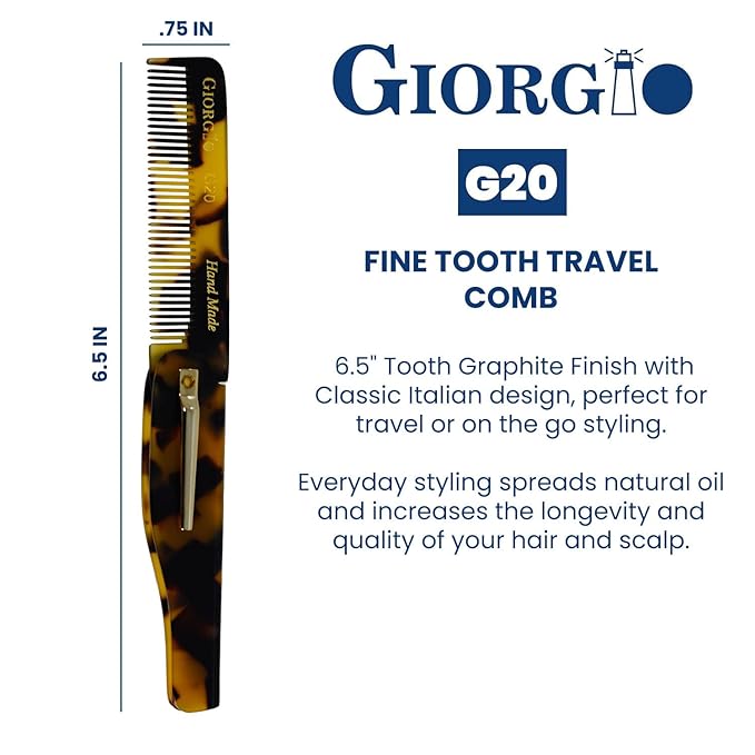 Giorgio G20 Folding Mustache and Beard Comb - Small Fine Tooth Pocket Comb for Everyday Hair Care - Sawcut and Hand Polished Pocket and Styling Combs - Handcrafted