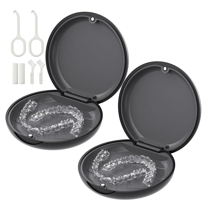 2 Pack Retainer Case, Compatible with Invisalign, Slim Aligner Case with Removal Tool, Aligner Seaters & Brush, Pocket Size Secure Magnetic Closure for Travel - Space Black